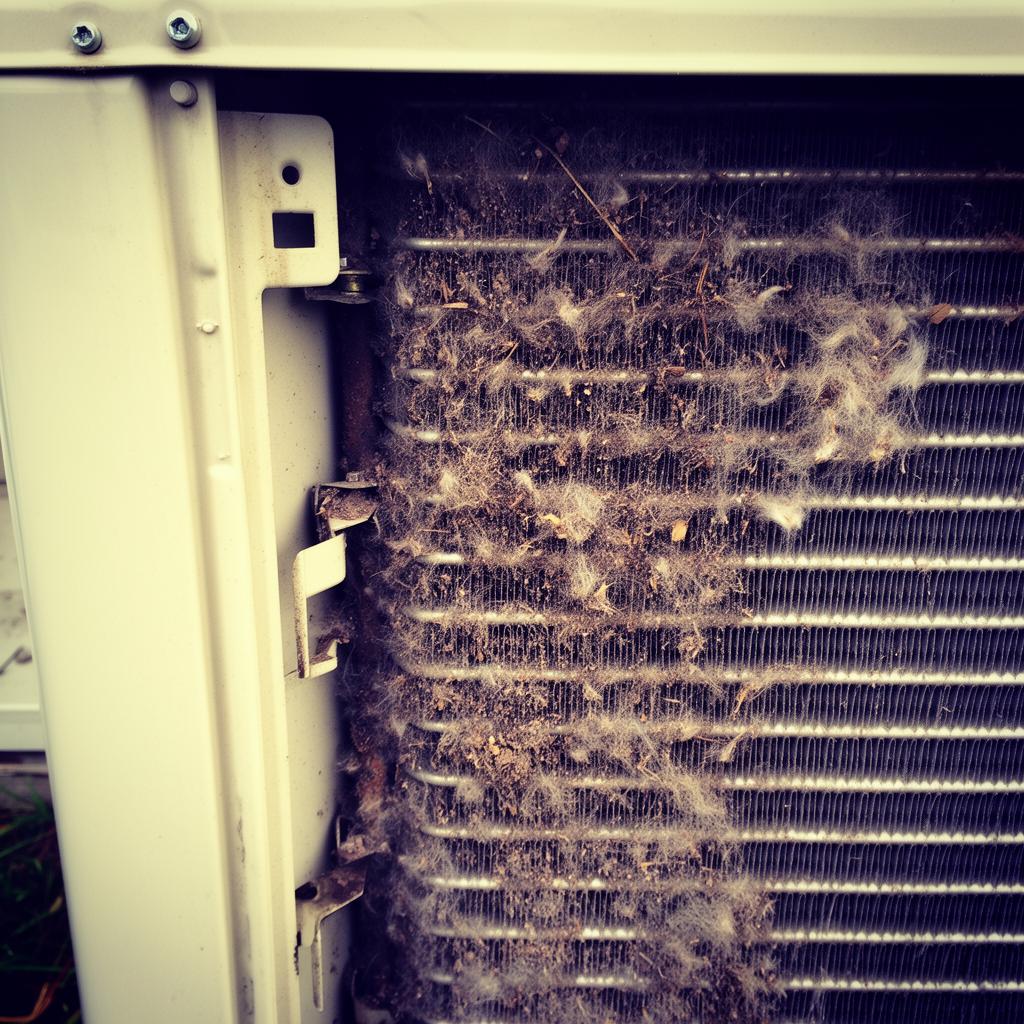 Dirty AC condenser coil packed with debris at a Bradenton FL home
