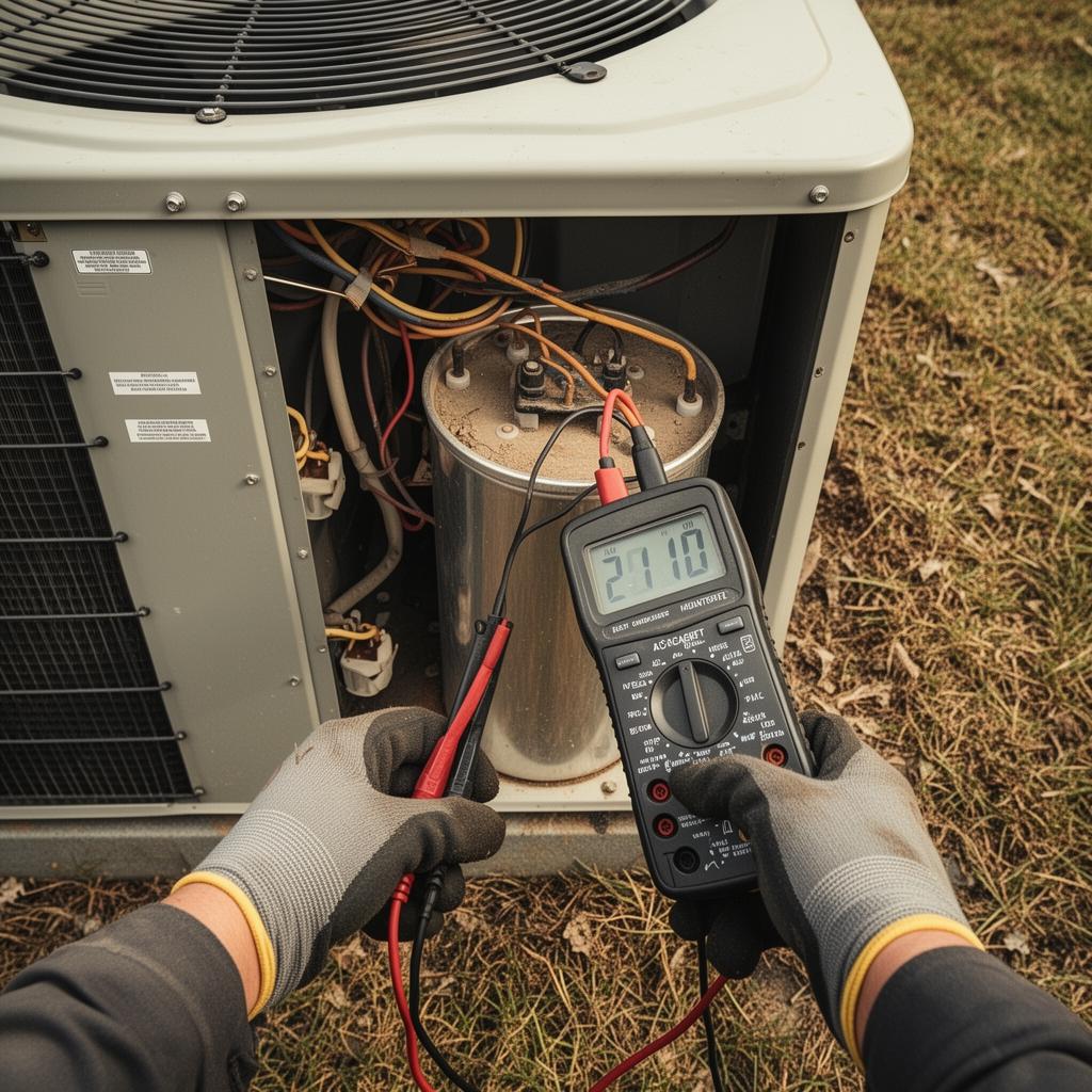 HVAC technician testing an AC capacitor with a multimeter during a repair in Bradenton FL